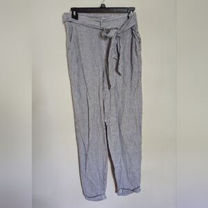 Max Studio Blue + White Striped Linen-Blend Pants Cuffed Belted Women's Size S
